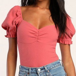 Rusty Rose Ribbed Knit Puff Sleeve Bodysuit
